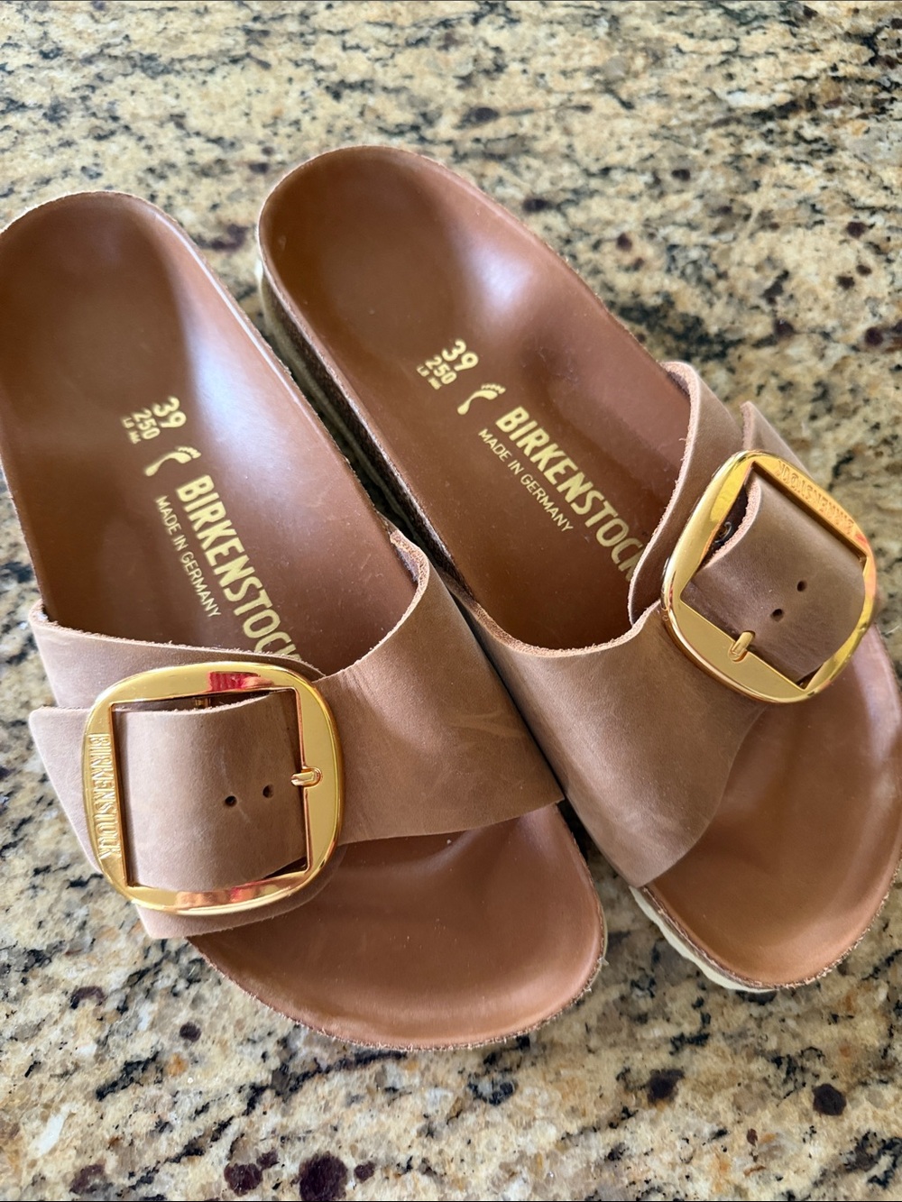 Birkenstock Women’s Madrid Big Buckle Slide Sandals - Tan with Gold Buckles